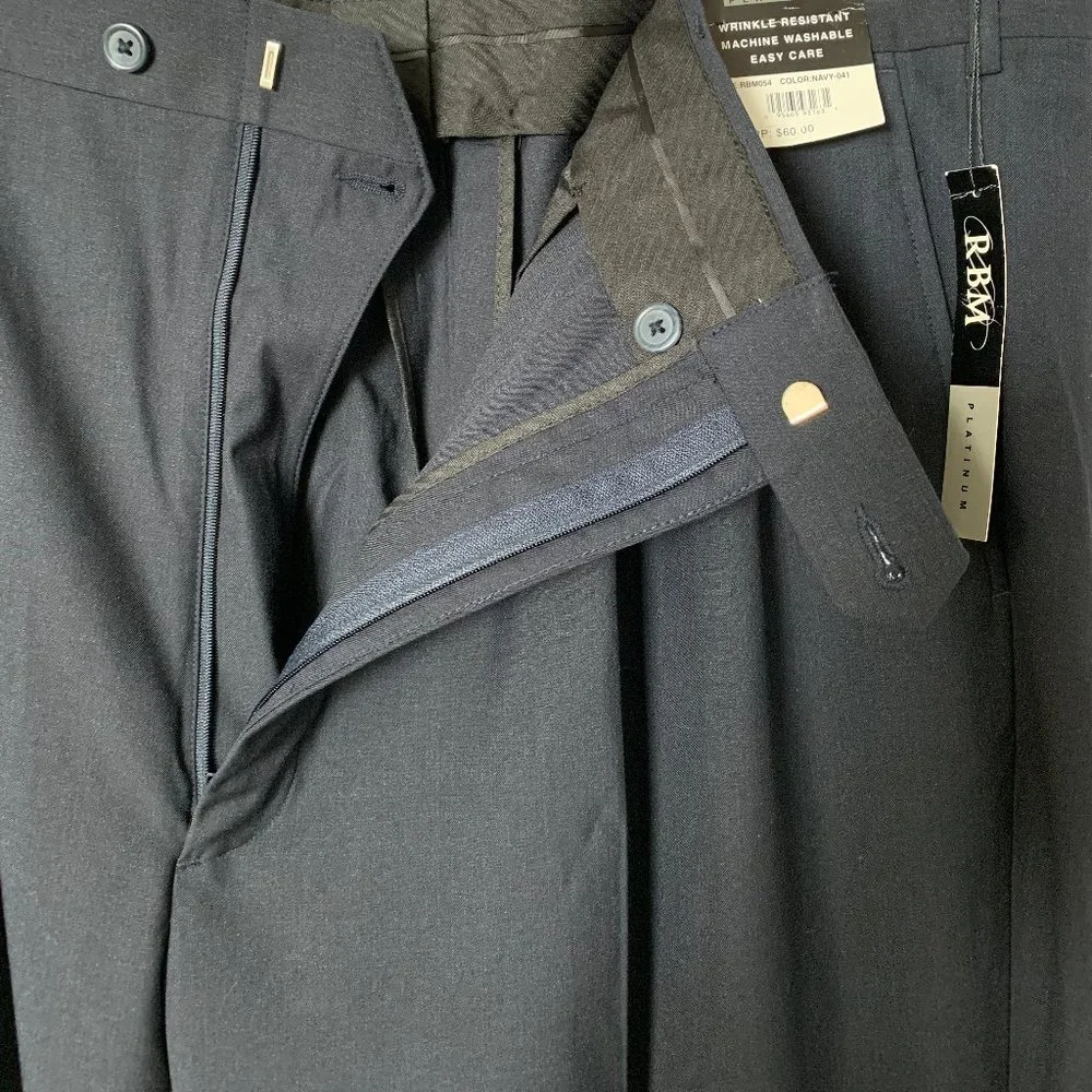 (T13) RBM Platinum Big & Tall Men's Navy Pleated Dress Pants cuffed leg, 44wx32L